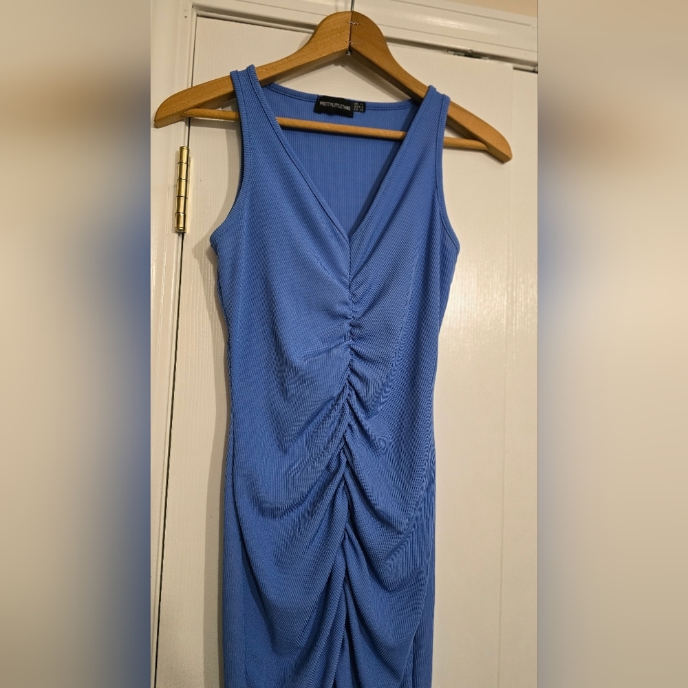 PrettyLittleThing Blue Ruched Bodycon Mini Dress Sleeveless Size 6 Night/club - Picture 4 of 9